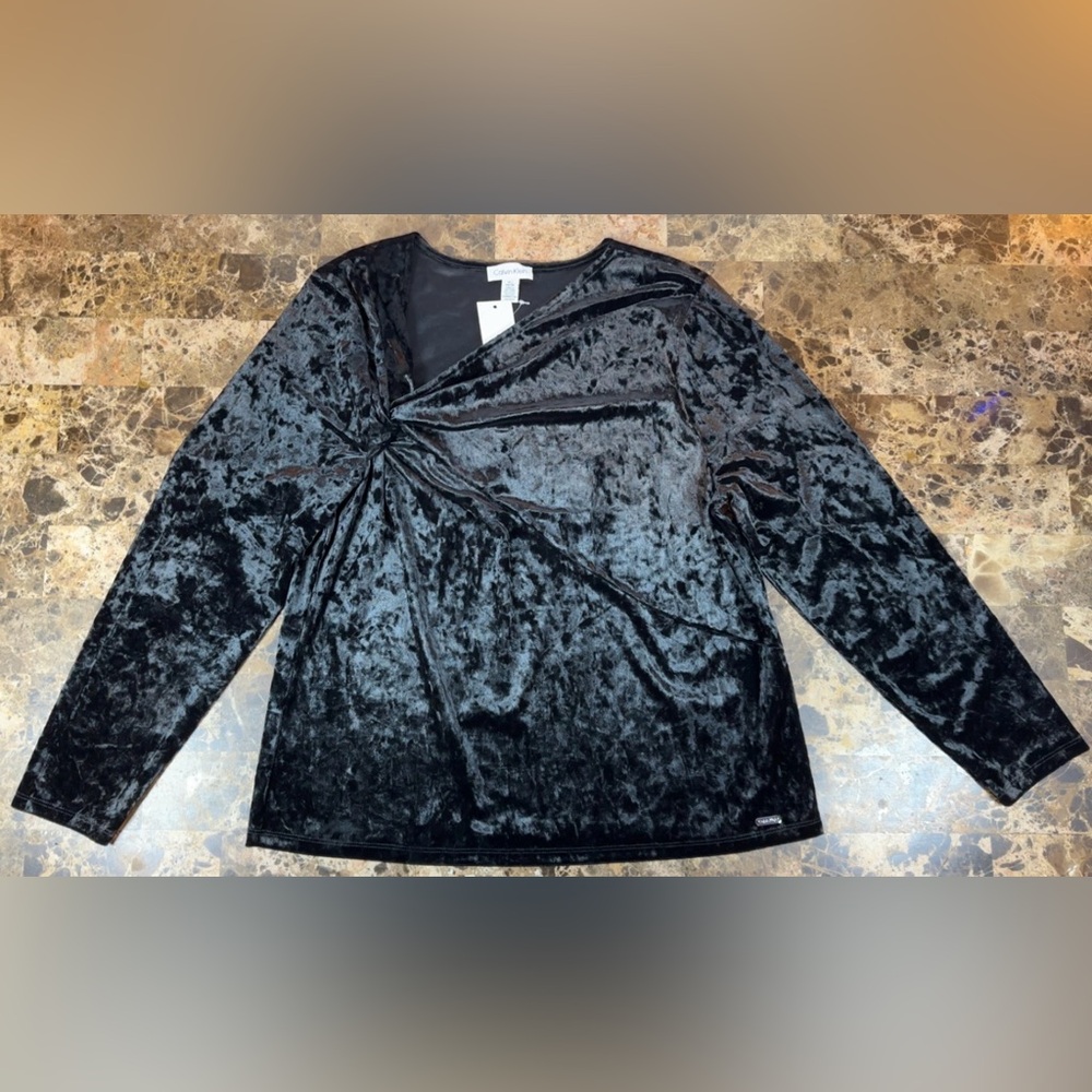 Calvin Klein Women's Black Velvet Knot Detail Long Sleeve Shirt Top